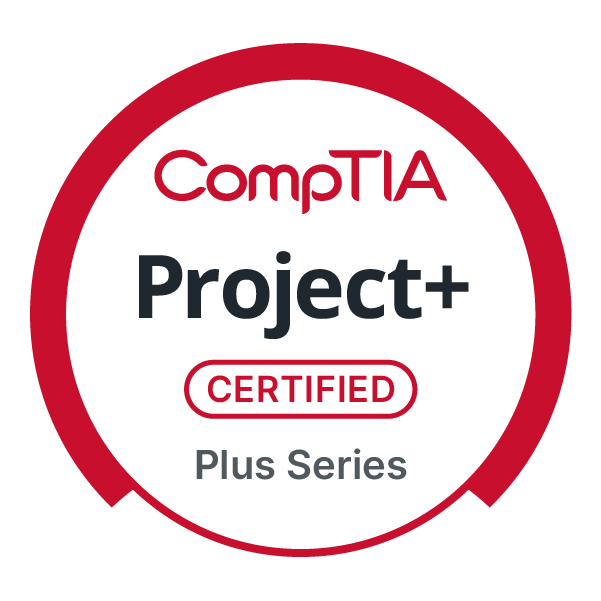 The Project+ badge showing a red cirle with 'Project+' in the center. It also says 'Comptia' and 'Certified - Plus Series'