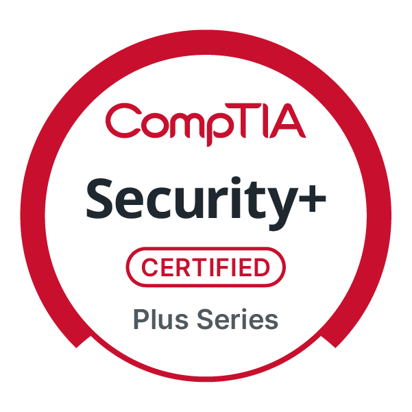 The Security+ badge badge showing a red cirle with 'Security+' in the center. It also says 'Comptia' and 'Certified - Plus Series'