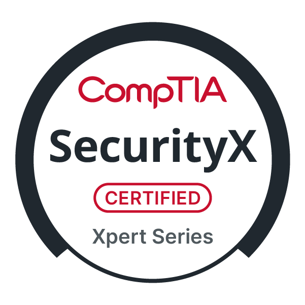 The SecurityX badge badge showing a black cirle with 'SecurityX' in the center. It also says 'Comptia' and 'Certified - Xpert Series'