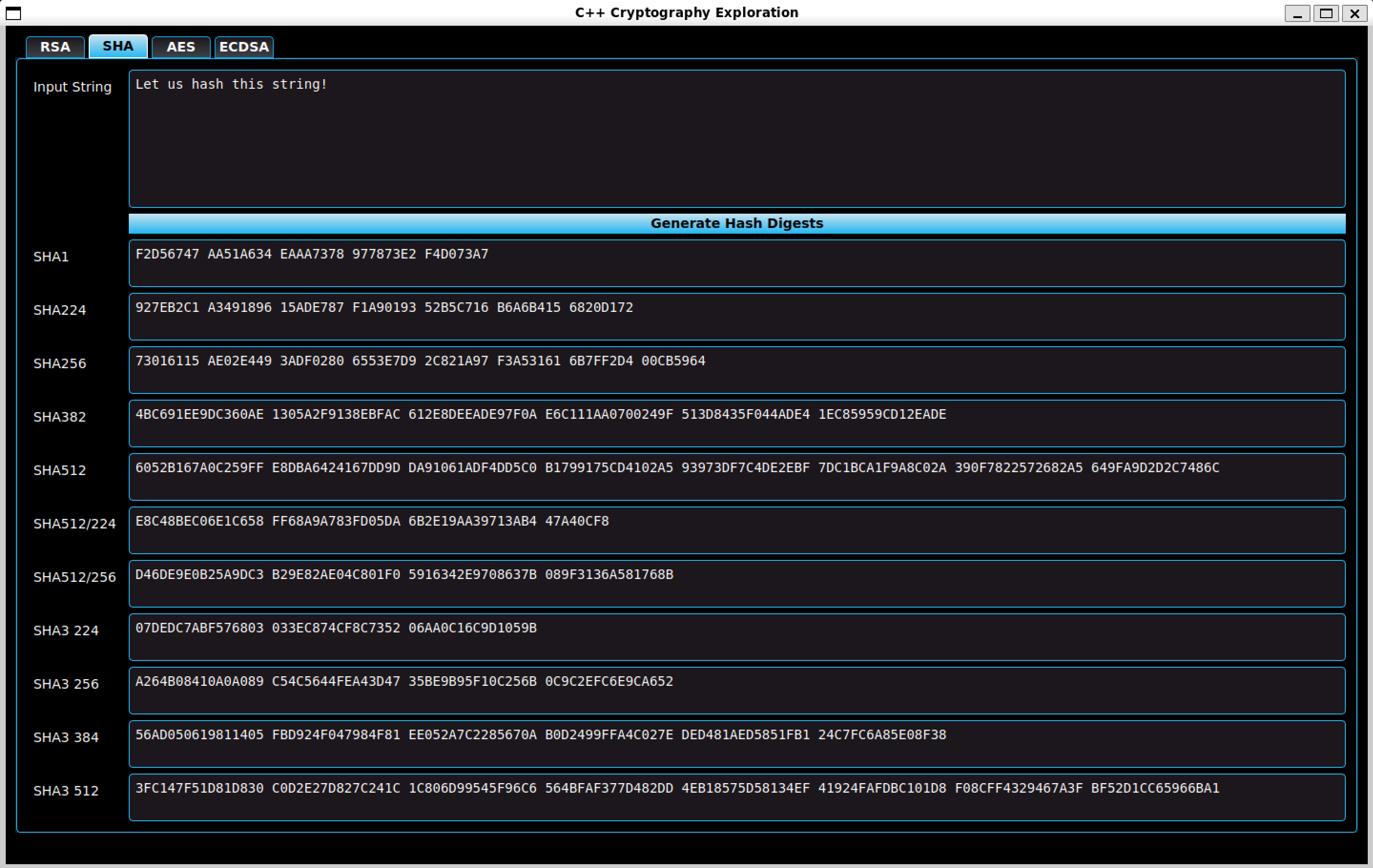 A screenshot of the SHA tab on the C++ GUI Application.