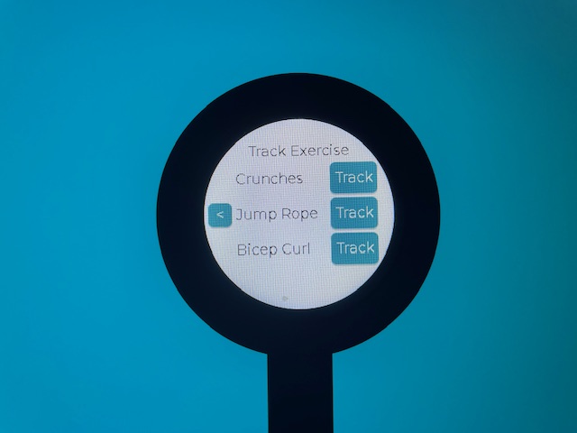 The exercise screen photographes with the round back device. It has a header which reads 'Track Exercise' and then lists 'Crunches', 'Bicep Curl', and 'Jump Rope'. Each is next to a button which reads 'Track'.