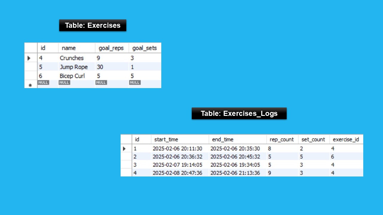An image showing the basic MySQL database structure for the exercises and their corresponding logs. The two database tables include multiple datapoints and are connected using a foreign key.